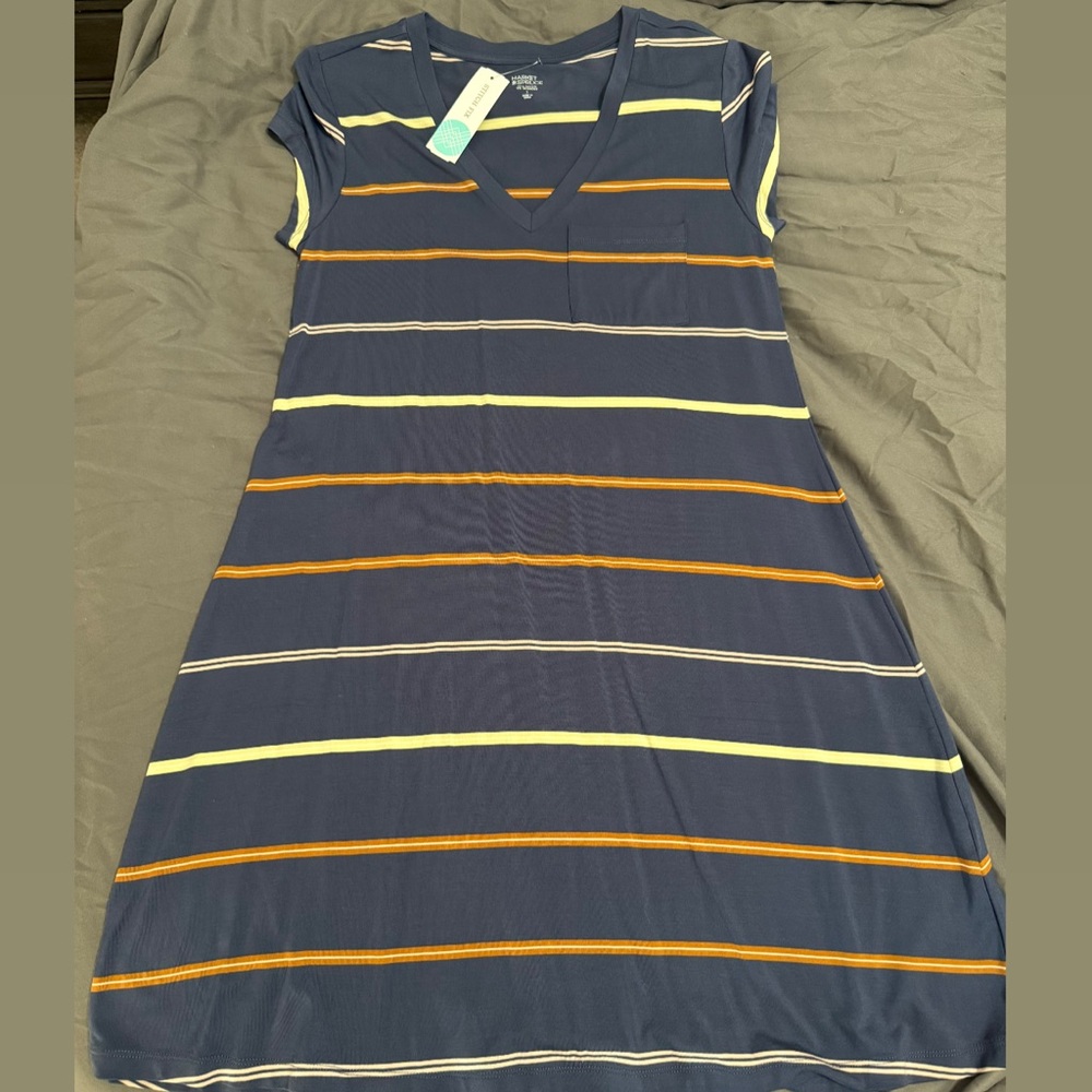Striped V-Neck T-Shirt Dress - Blue and Orange